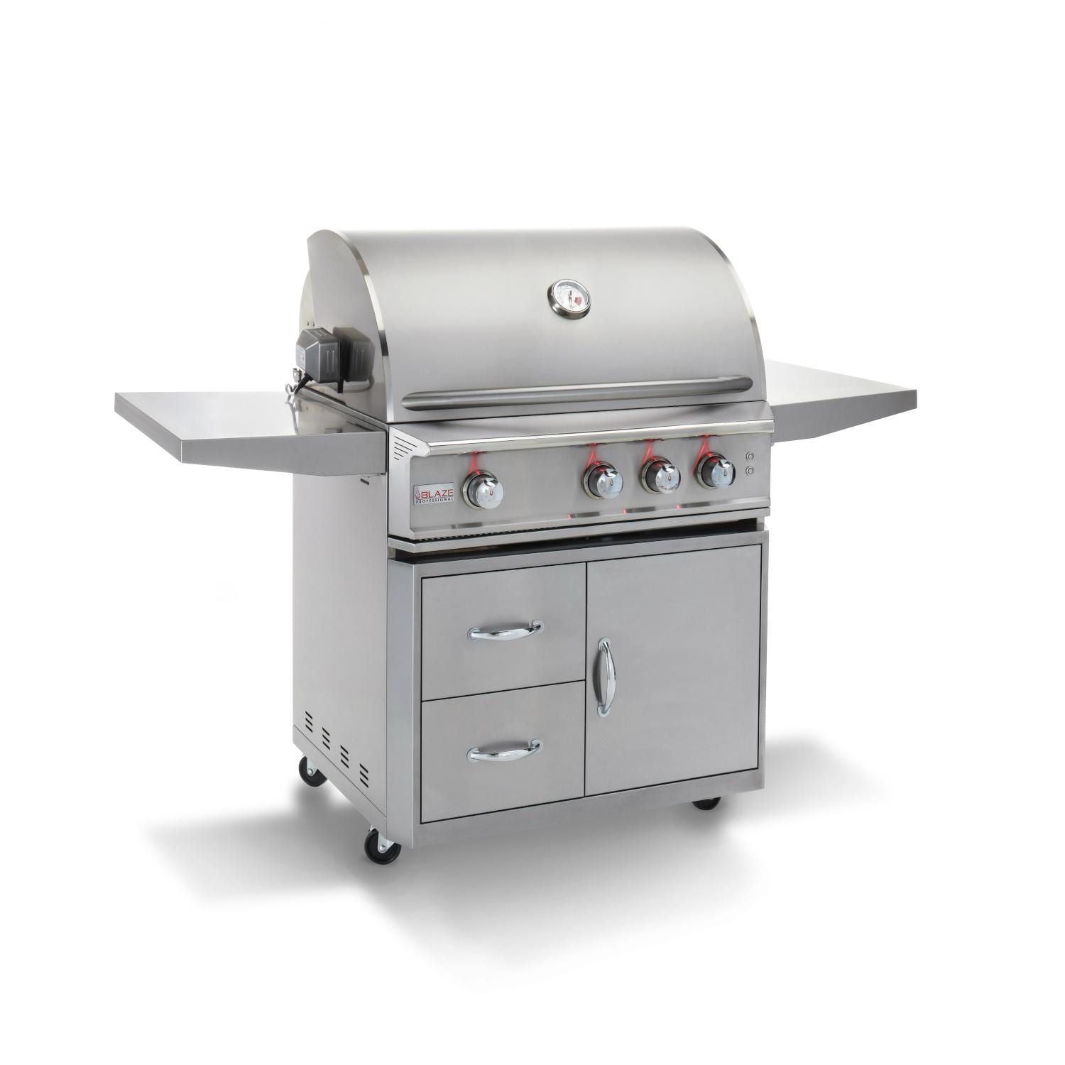 Freestanding stainless gas grill with lid, side shelves, and front control knobs