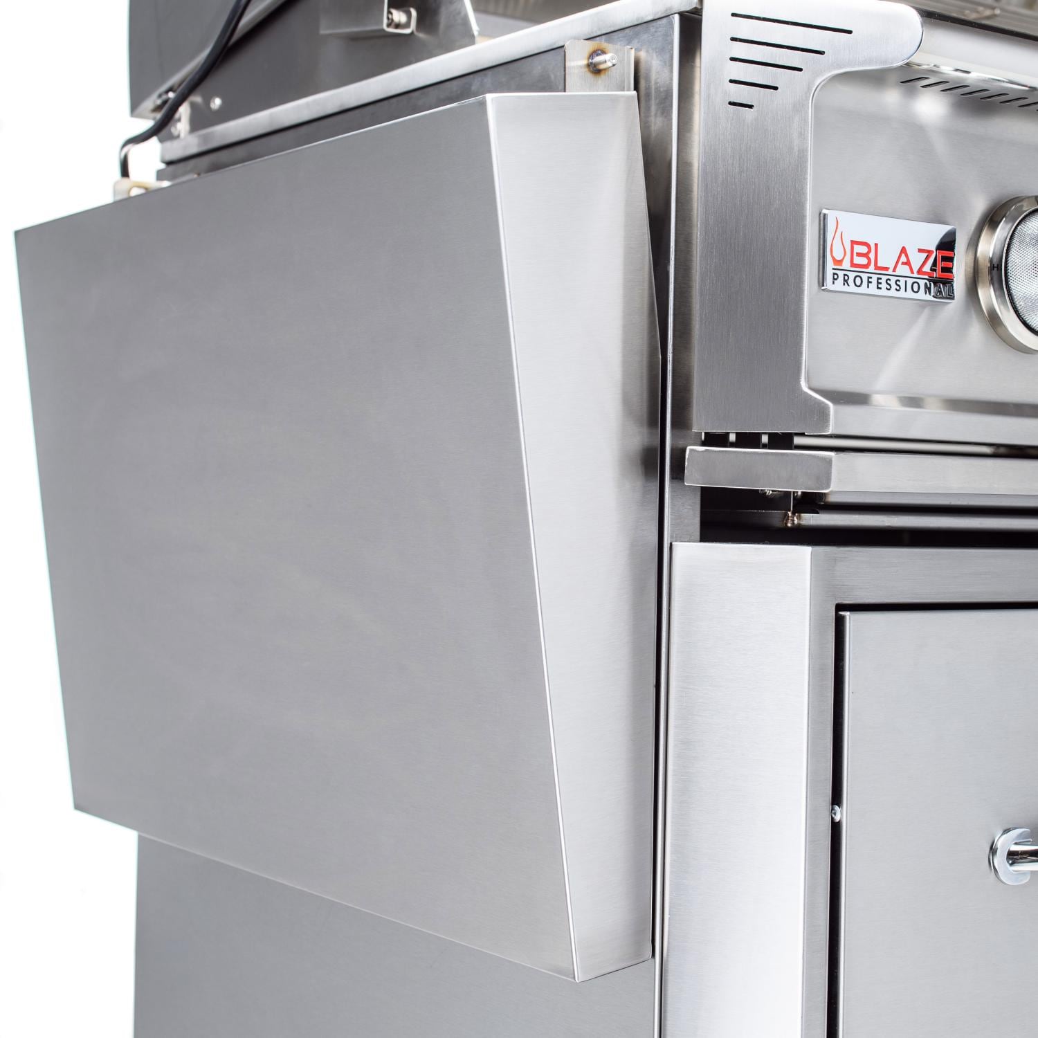 Stainless steel grill side cabinet with Blaze Professional control panel and handle