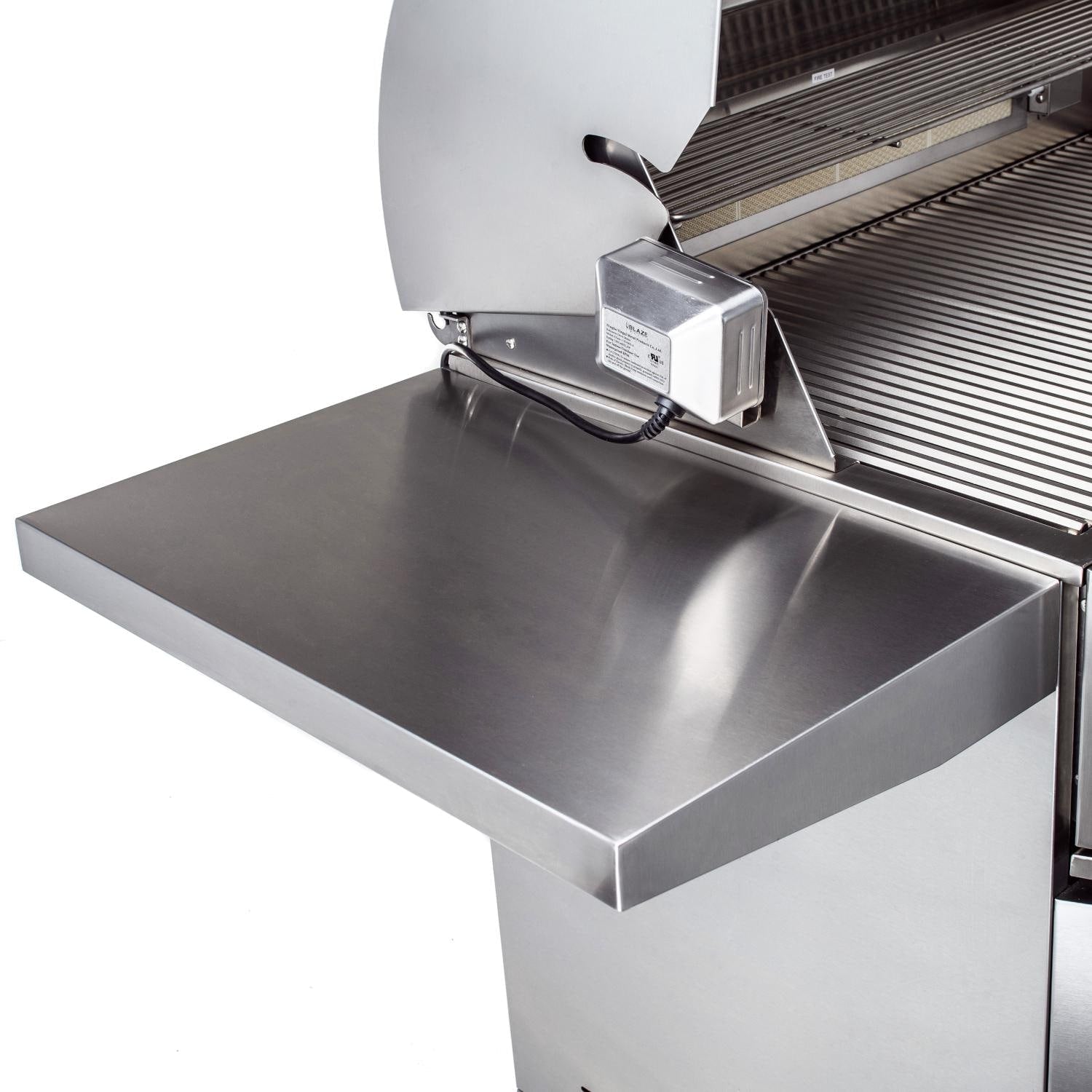 Stainless gas grill side shelf platform with control box mounted at the back