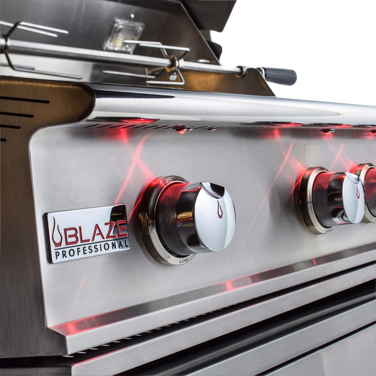 Built-in grill control knobs with red burner glow and Blaze Professional logo