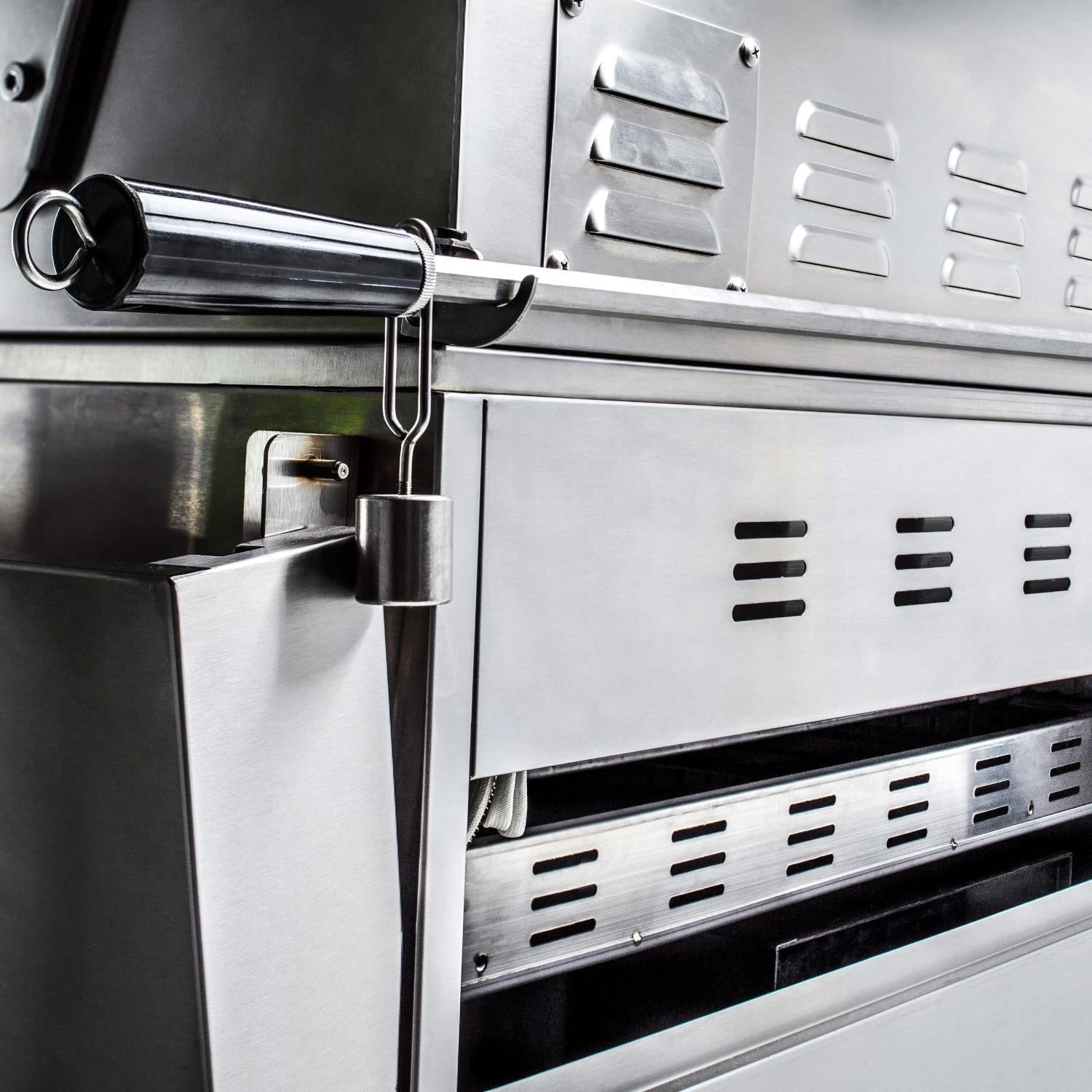 Stainless gas grill side controls with burner hood vents and knob mechanism
