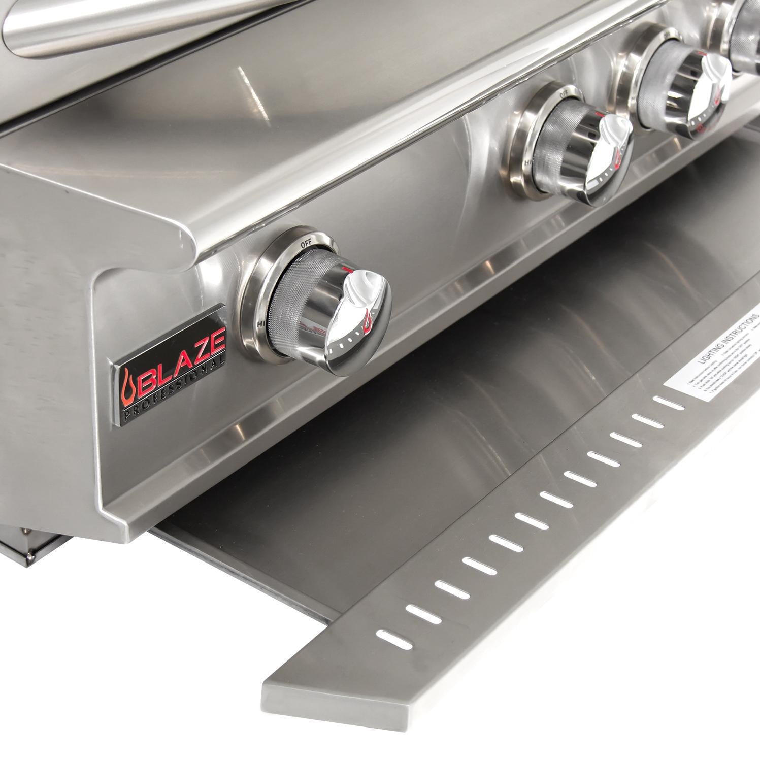 Stainless steel built-in grill control panel with front knobs and drip tray