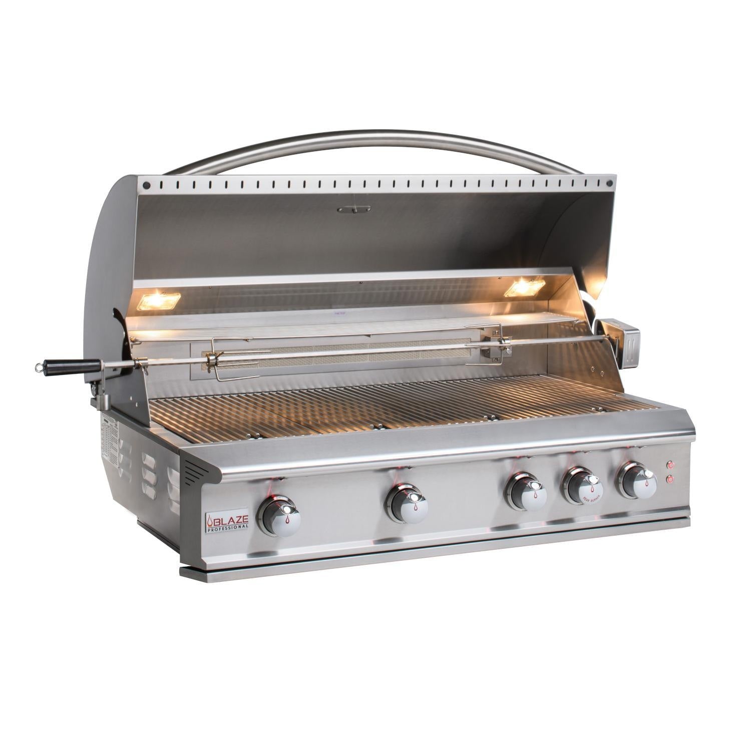 Stainless built-in 4-burner gas grill with open lid and front control panel