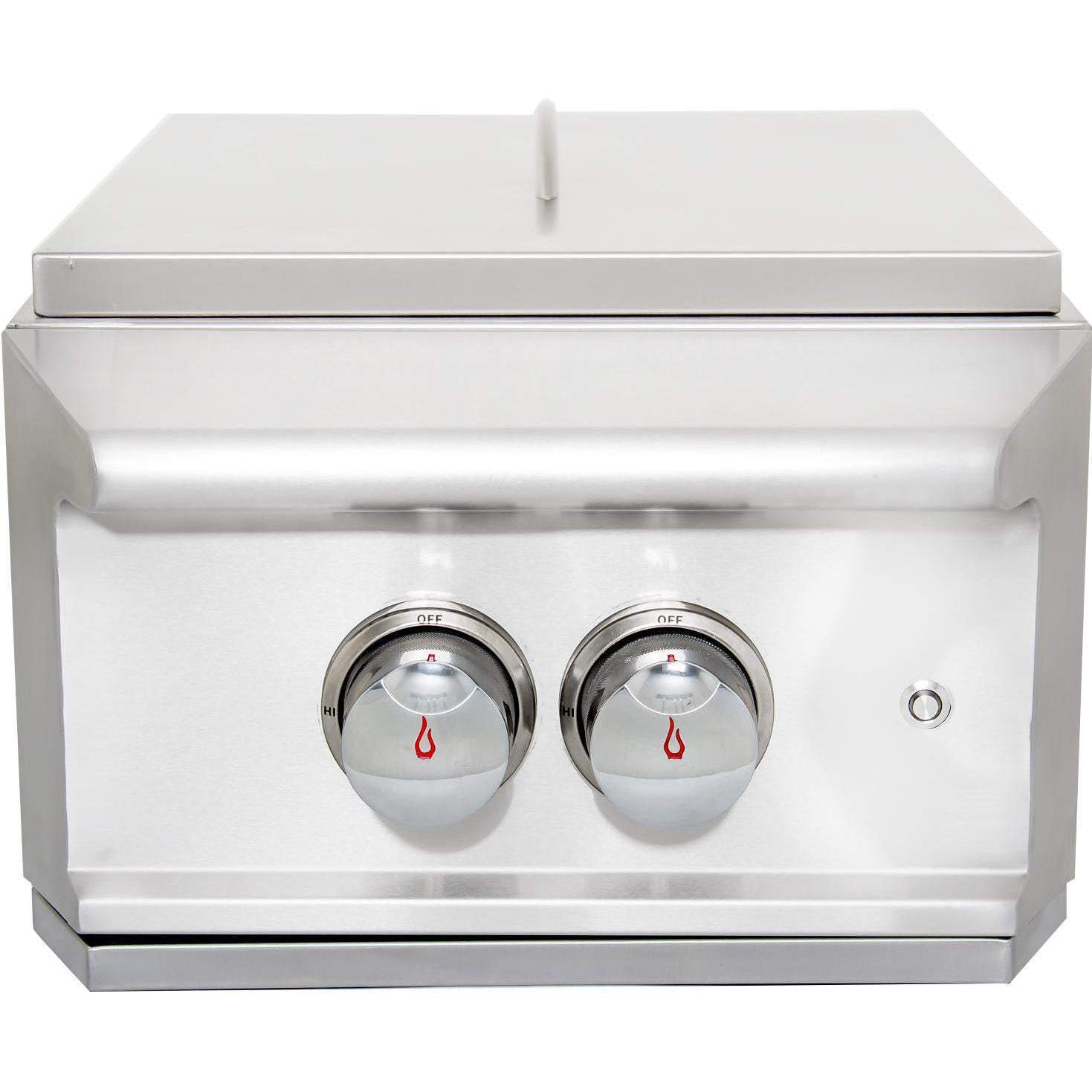 Stainless steel propane grill with closed hood and two front burner control knobs