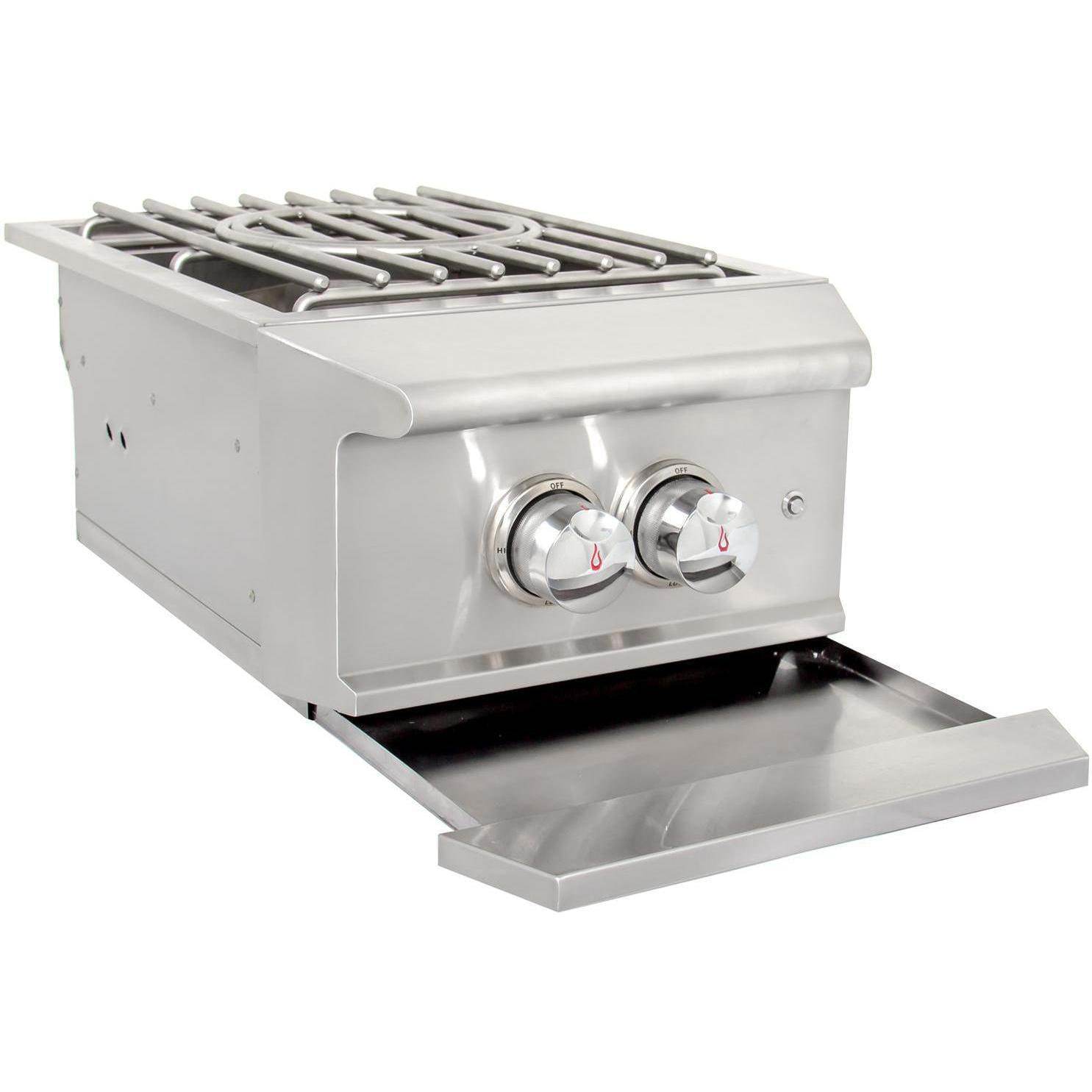 Stainless steel gas grill with open lid, burner grates, and two front control knobs