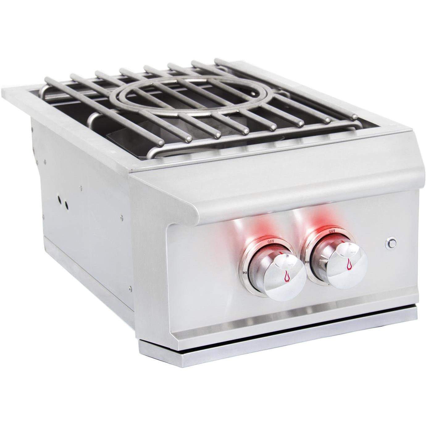 Stainless gas burner with open grate and two control knobs with flame icons