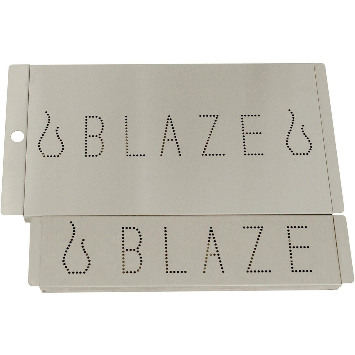 Stainless steel smoker box with BLAZE lettering on front and back plates