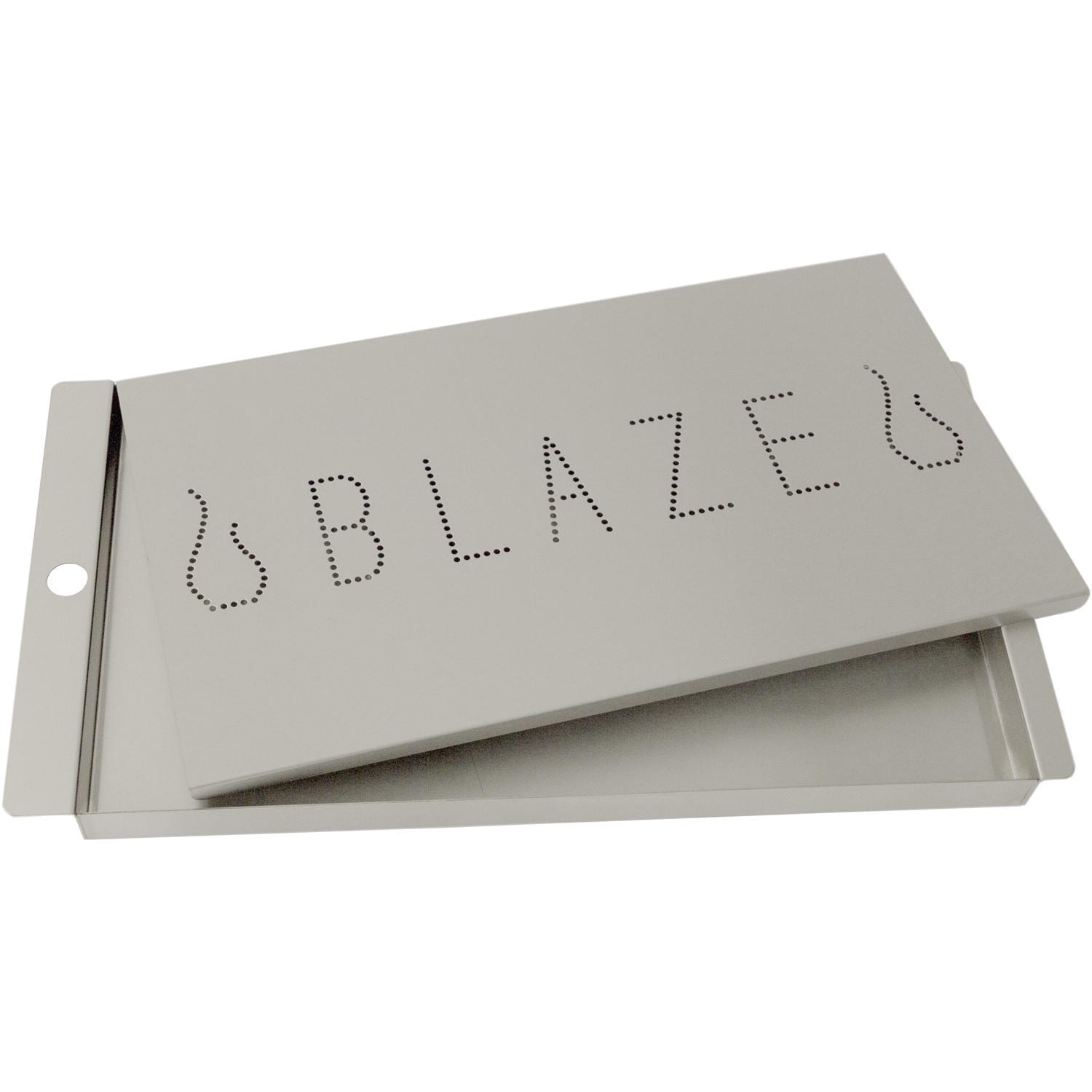 Stainless steel smoker box lid with BLAZE logo, open to show inner tray