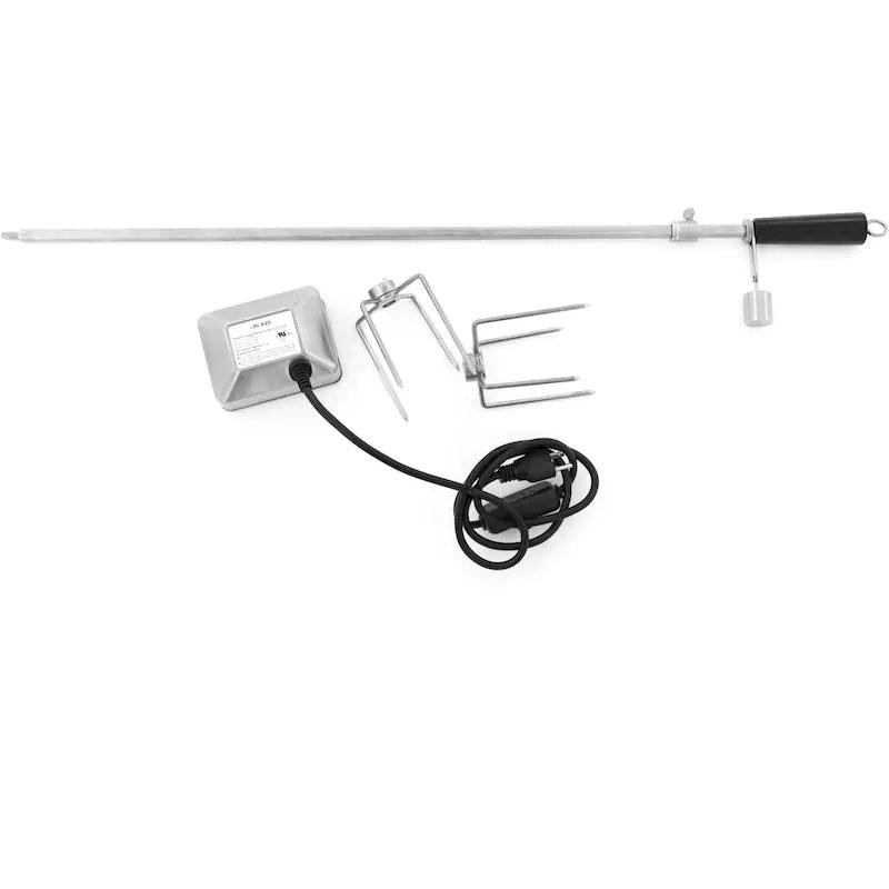 Rotisserie motor and rod assembly with power cord, forks, and mounting parts