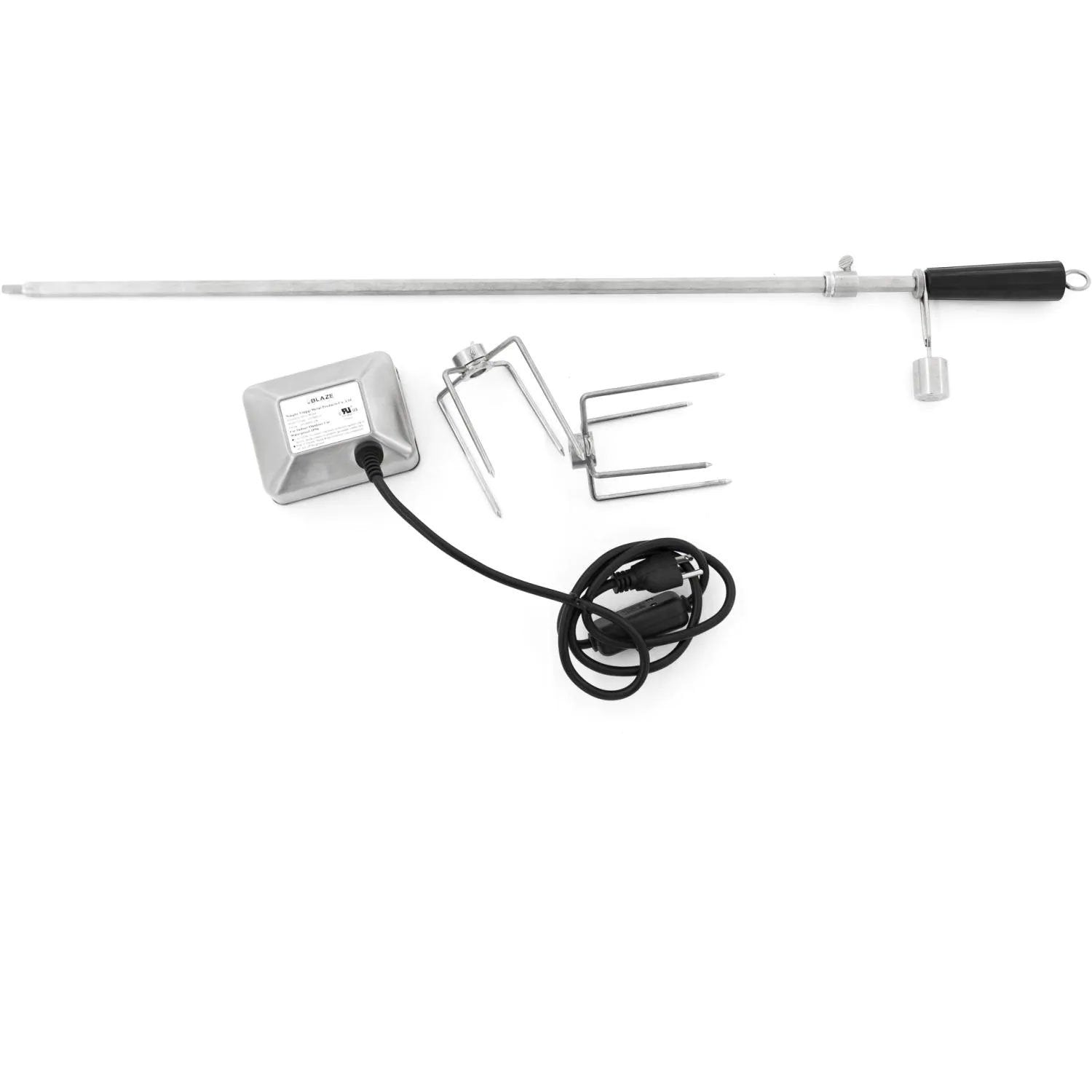 Rotisserie motor kit with stainless steel spit rod, forks, and power wiring