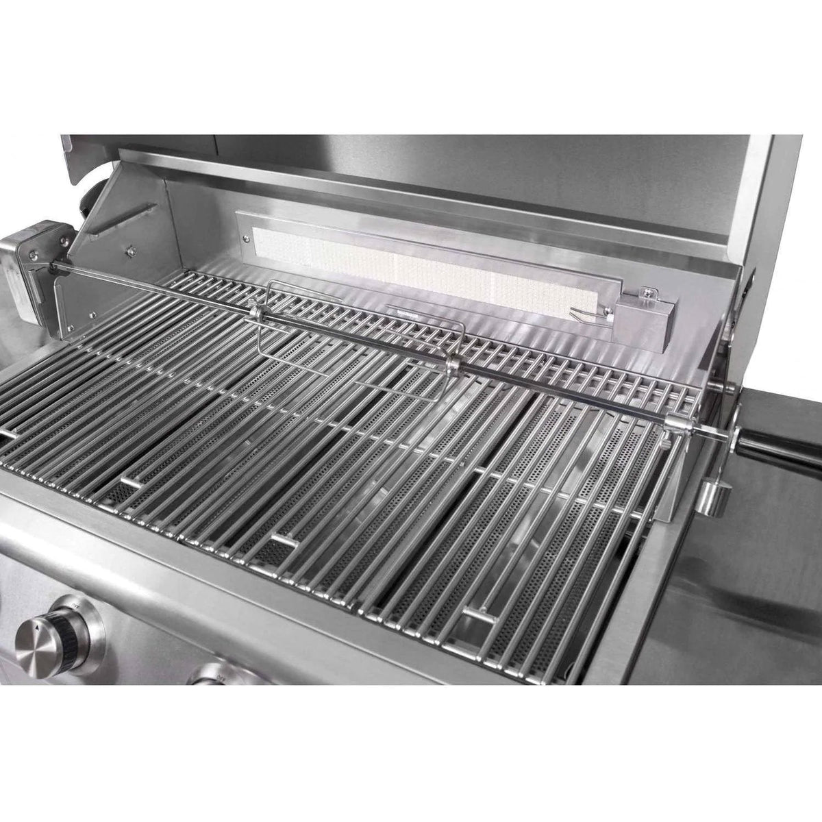 Stainless steel rotisserie grill kit with mounting bracket and cooking grill rack