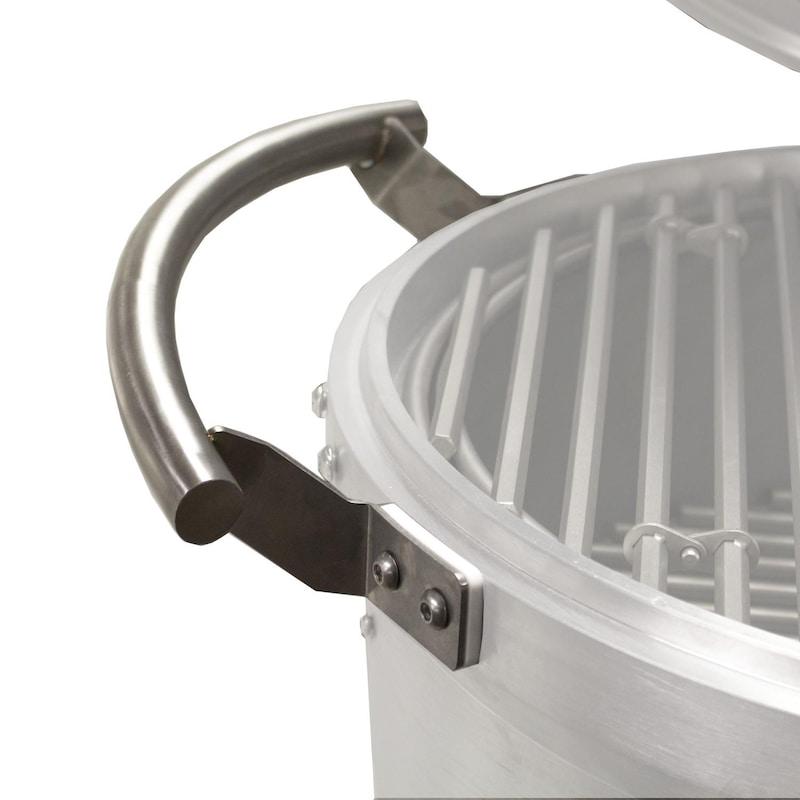 Stainless steel grill handle set with curved grip and mounting bracket