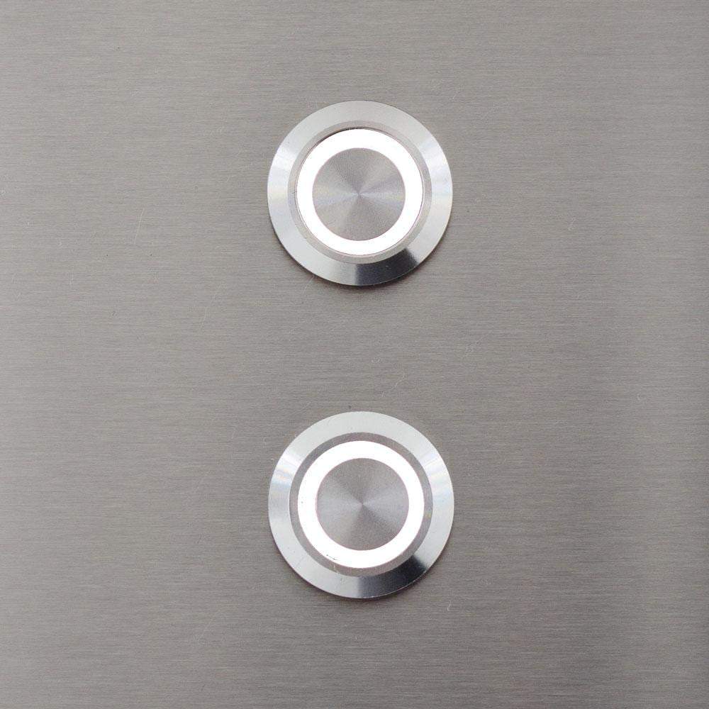 White grill burner control knobs with circular silver trim
