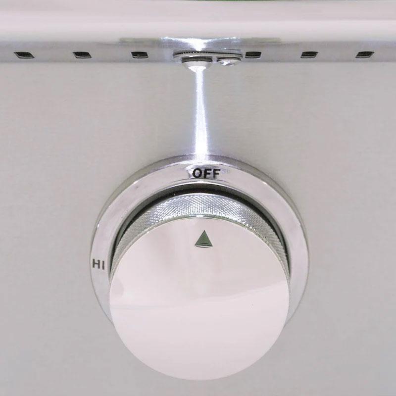 Stainless LED grill burner knob labeled OFF and HI