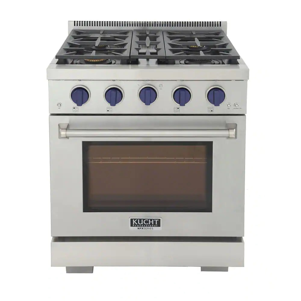 Stainless steel 30-inch gas range with blue knobs, front burners and oven window