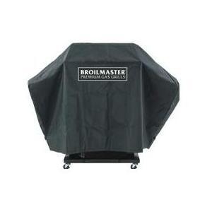 Full-length barbecue grill cover with side-shelf fit, dark gray fabric and Broilmaster logo patch