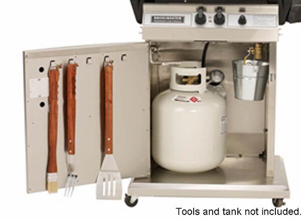 Stainless steel storage cart base with open compartment for propane tank and tools