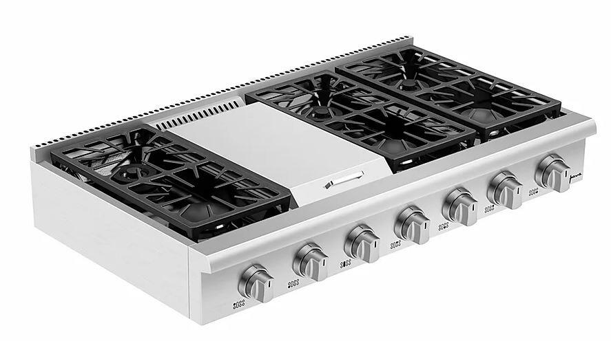 Stainless steel natural gas cooktop with four cast-iron grates and front control knobs
