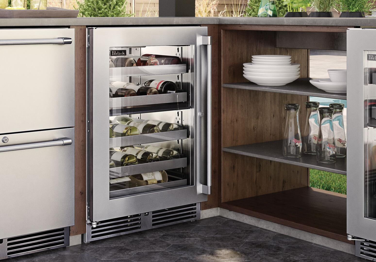 Built-in wine cooler with open glass door, adjustable shelves holding wine bottles