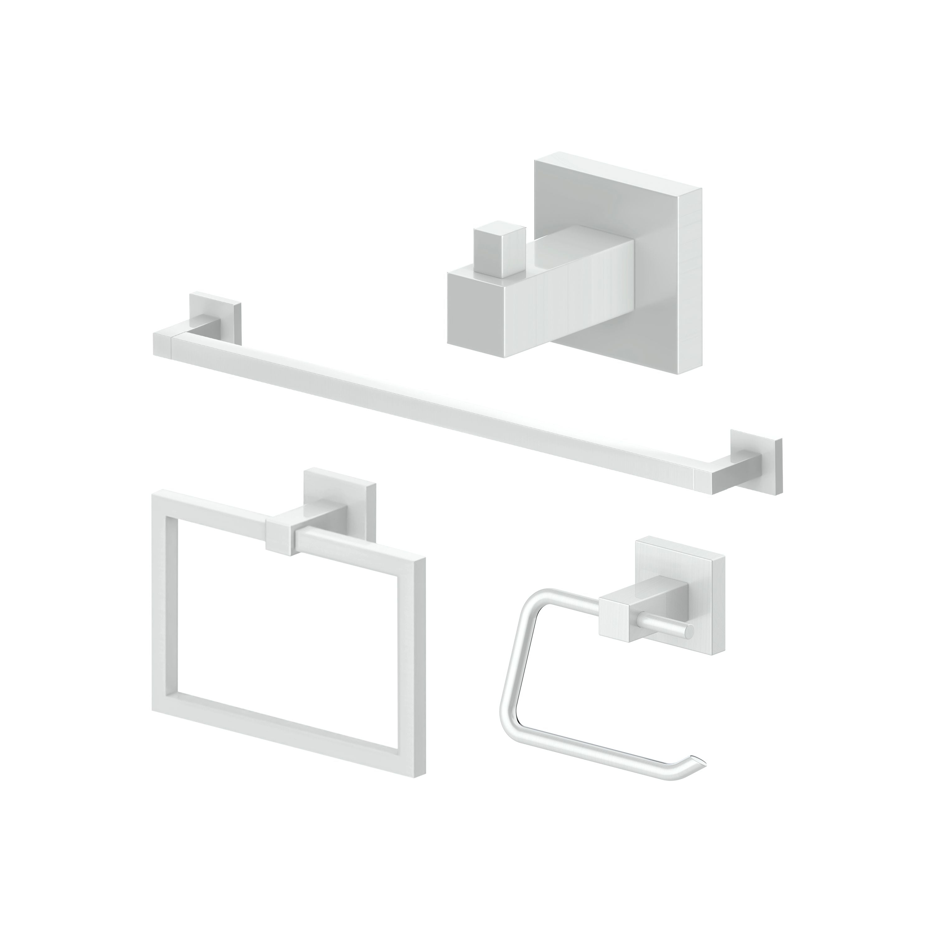 Chrome bathroom accessory set with towel bar, hook, and toilet paper holder pieces