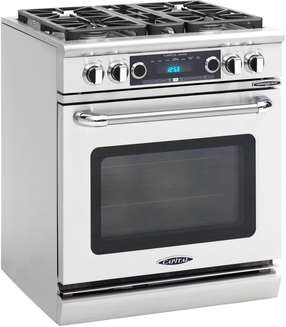 Freestanding stainless dual fuel range with cooktop burners and digital display