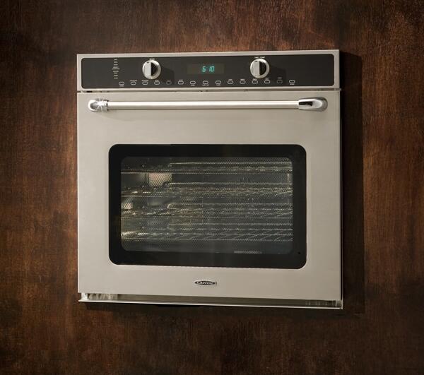 Stainless electric wall oven with digital display and black glass door window