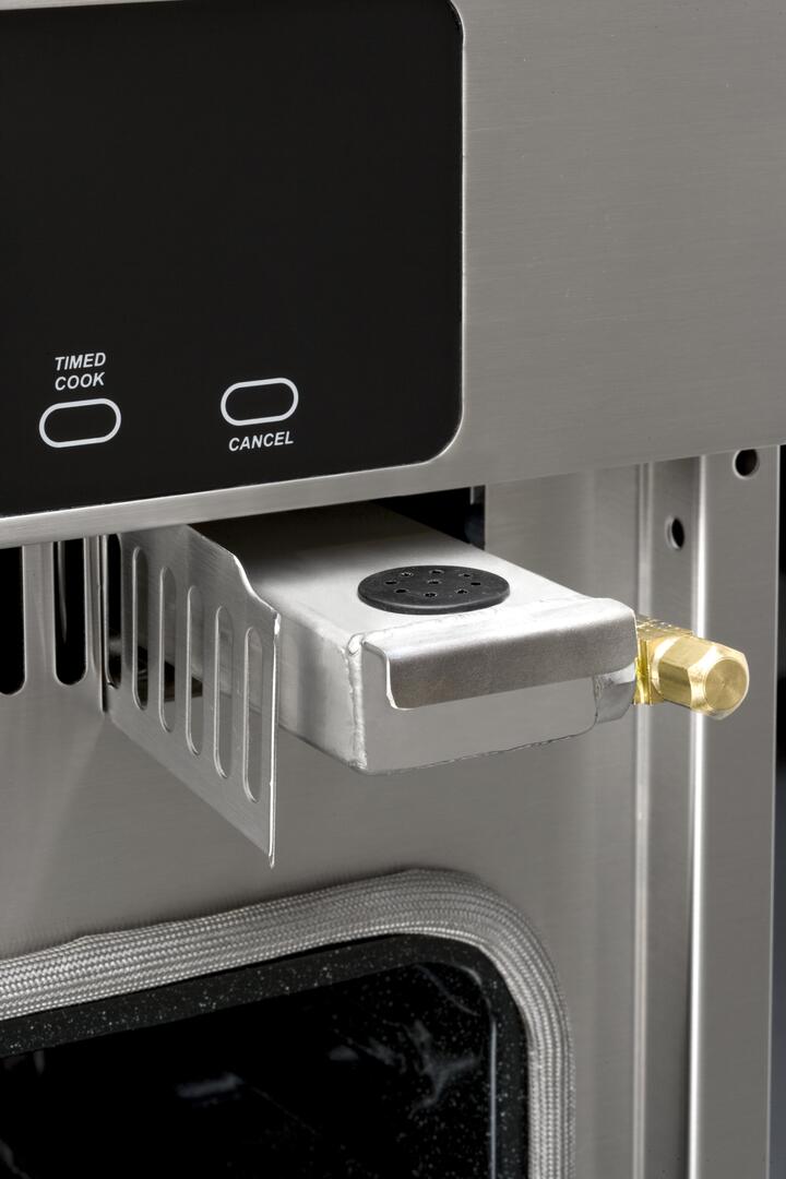 Stainless steel double wall oven control panel with timed cook indicator and vent trim