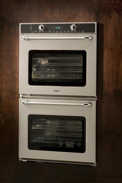 Stainless double wall oven installed with two oven doors and electronic control panel