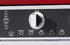 Double wall oven control panel with mode dial and convection button controls