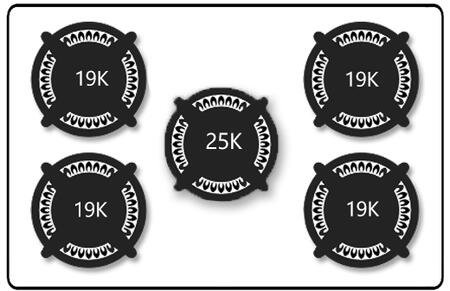 Black burner caps set with 19K, 25K, and 19K markings on a white panel