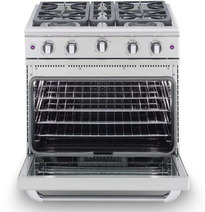 Gas range oven with door open showing wire racks inside