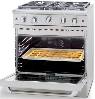Stainless gas range with open oven door and four burner control knobs