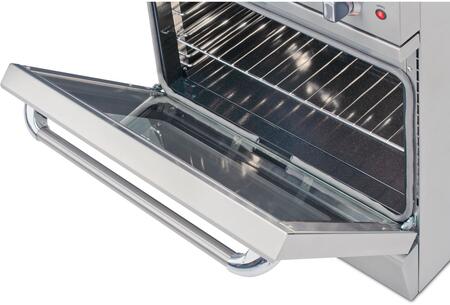 Gas range oven door with clear glass window and curved stainless handle