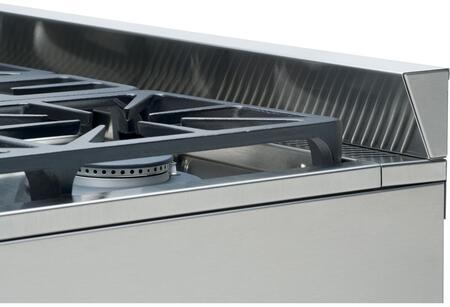 Stainless steel gas range cooktop with black burner grates and front control edge