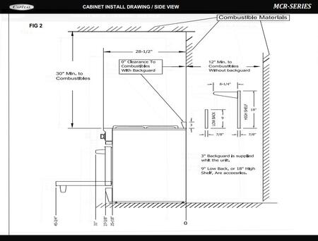 Gas range installation side-view diagram with cabinet and clearance dimensions