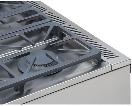 Stainless steel gas range cooktop with black burner grates and rear vent strip