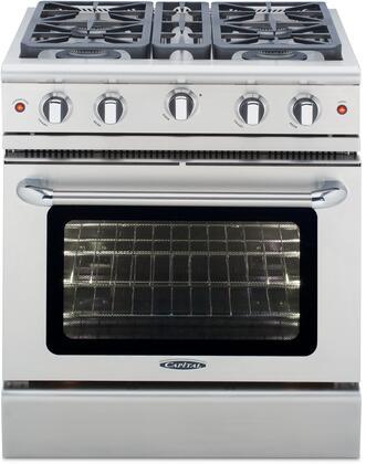 Stainless steel gas range with four burners, oven window, and control knobs
