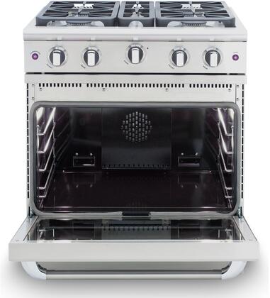 Open gas oven cavity with racks and stainless control panel above