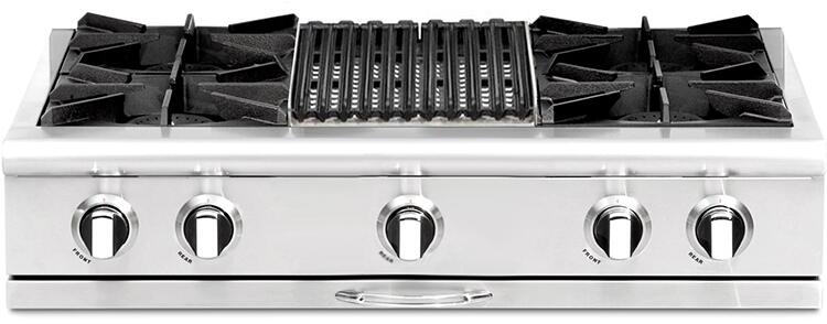 Stainless steel built-in gas rangetop with four burners and front control knobs