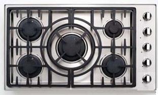 Stainless steel built-in gas cooktop with five sealed burners and control knobs on right