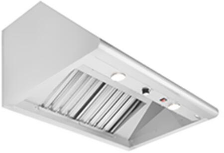 Stainless steel range hood underside with vent grille and control indicators