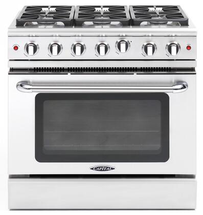Freestanding stainless gas range with front control knobs and black oven door window
