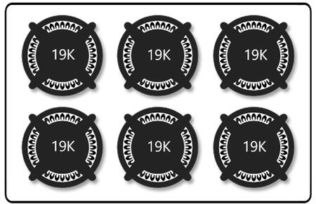Set of black burner caps labeled 19K