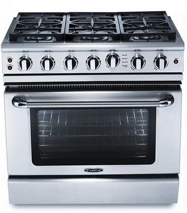 Stainless gas range with four burners, control knobs, and black oven door window