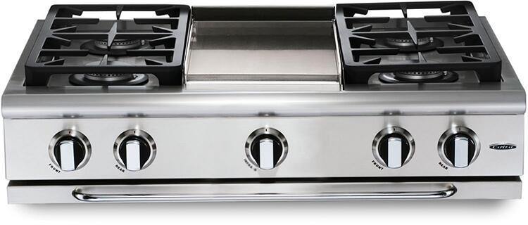 Stainless steel 6-burner gas rangetop with black burner grates and control knobs