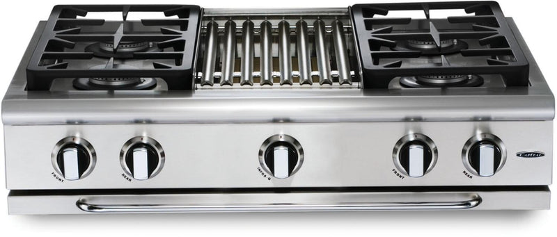 Capital 36" Precision Series Rangetop with 6 Sealed Burners, Sealed Burners in Stainless Steel (GRT366) Rangetops Capital Natural Gas 4 Sealed Burners and 12" Grill 