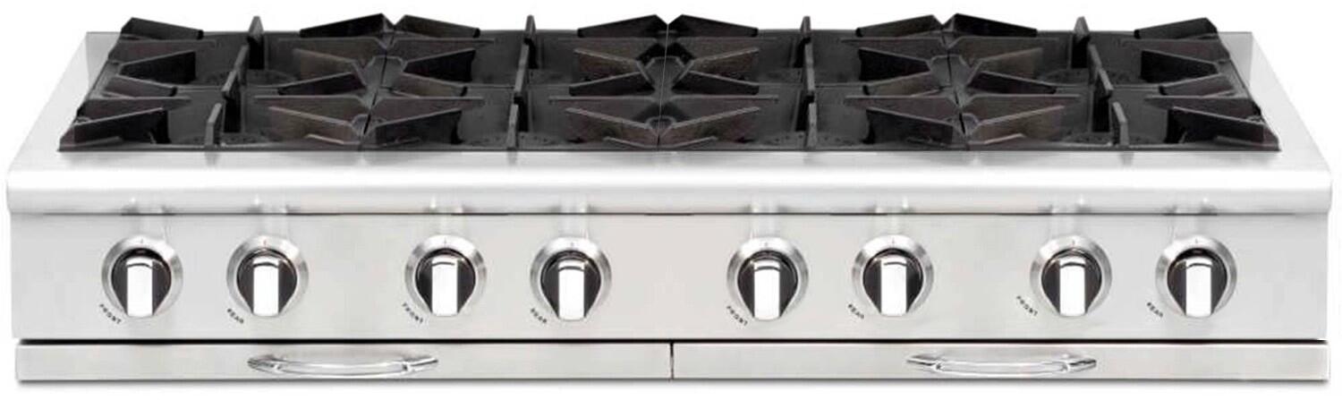 Stainless 8-burner gas rangetop with front control knobs and cast burner grates