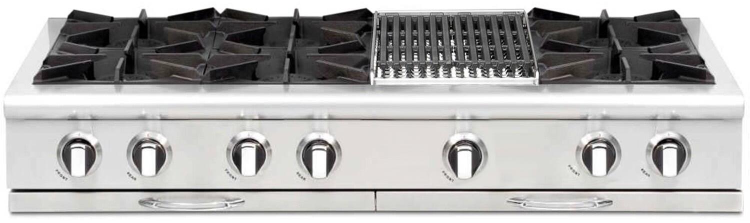 Stainless steel rangetop with six burner grates, center grill, and front control knobs