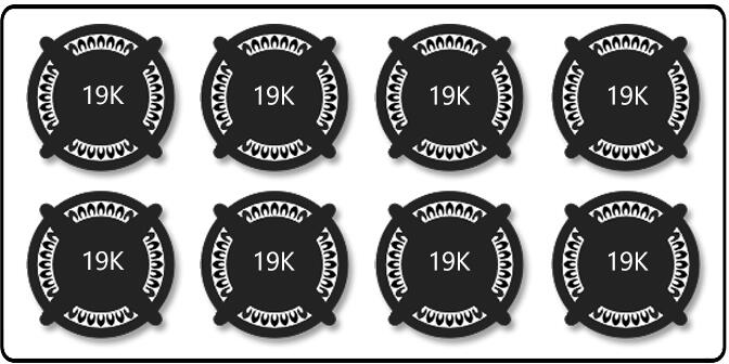Gas range burner caps showing 19K BTU ratings, set of eight