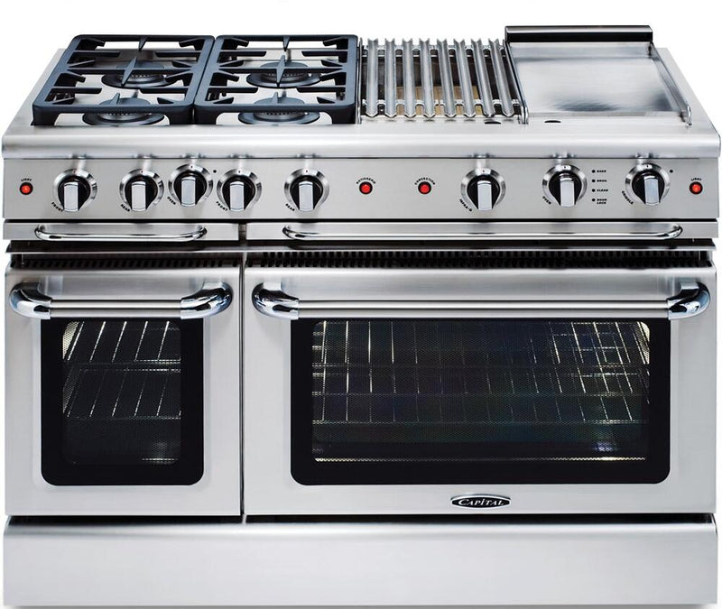 Capital 48" Precision Series Freestanding Gas Range with 6.9 cu. ft. Total Capacity Self Clean Double Oven in Stainless Steel (GSCR488) Ranges Capital Natural Gas 4 Sealed Burners, Griddle, and Grill 